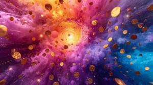 Colorful cosmic scene with floating coins